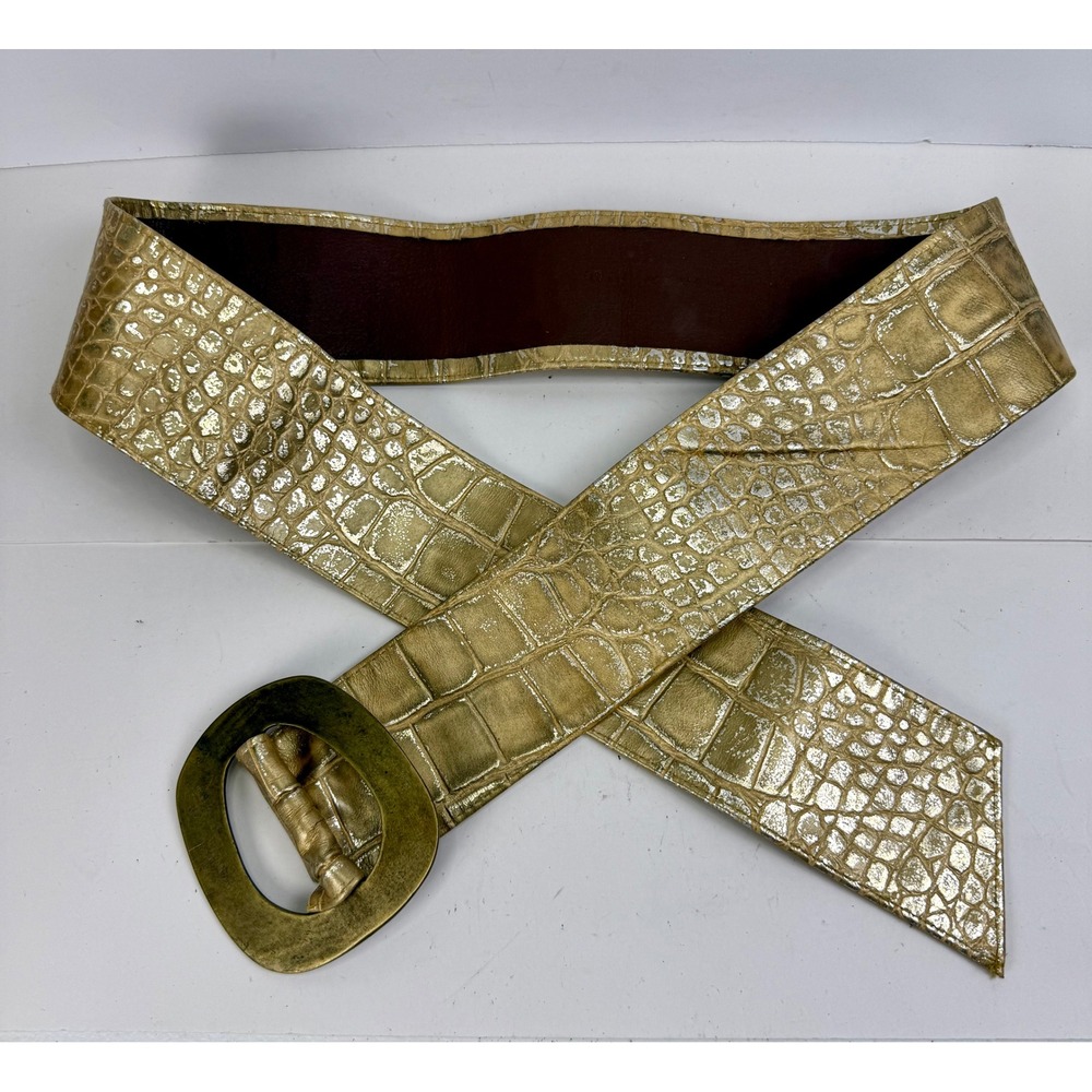 Vintage Gold Metallic Crocodile Embossed Wide Waist Belt Brass Buckle Statement